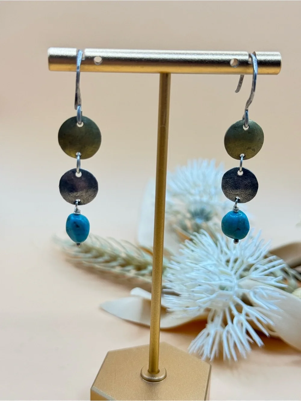 Artisan Mixed Metal Turquoise Nugget Dangle Earrings Brass Silver Tone Boho